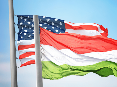 Bild von wehenden Flaggen von den USA und Ungarn