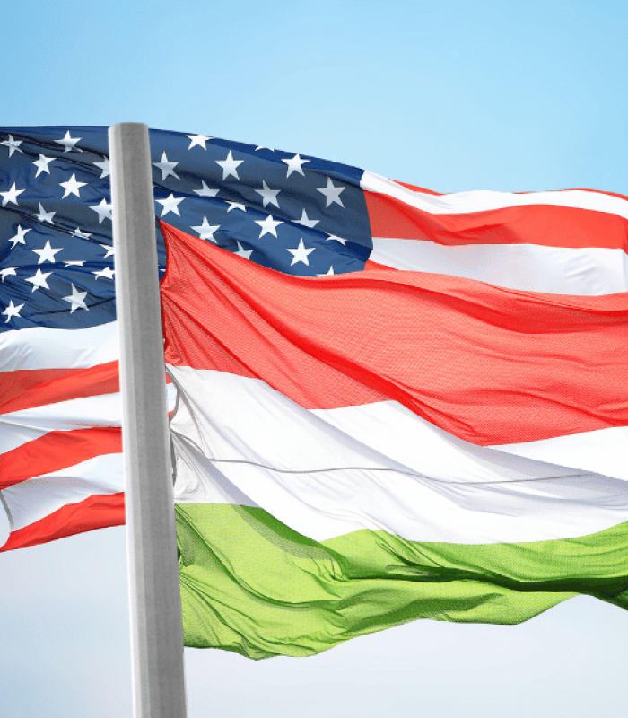 Bild von wehenden Flaggen von den USA und Ungarn